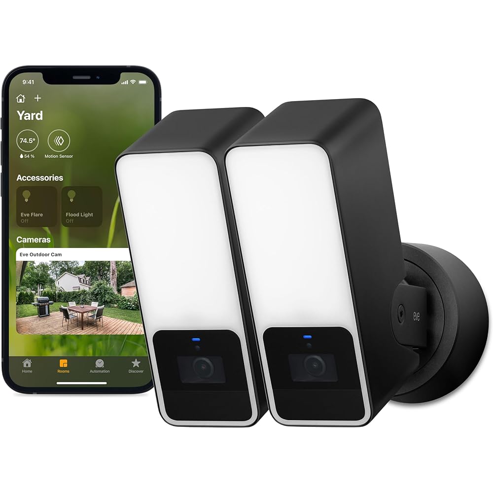 Eve Outdoor Cam 2-Pack Secure floodlight Camera, High Security &amp; Privacy (HomeKit Secure Video), 1080p, Night Vision, Wi-Fi (2.4 GHz), Motion Sensor, 2-Way Communication, People/pet/Vehicle Detection