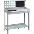 Outsunny Outdoor Wooden Potting Bench Table with Removable Sink, Garden Work Bench with Chalkboard, Drawer, Open Shelf Storage, Light Gray