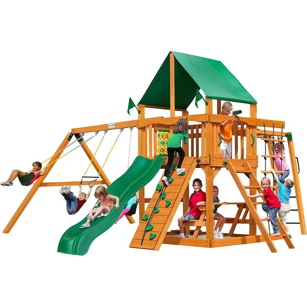 Gorilla Playsets 01-0020-AP-1 Navigator Wooden Swing Set with Deluxe Green Vinyl Canopy, Monkey Bars, Swings, and Slide, Brown