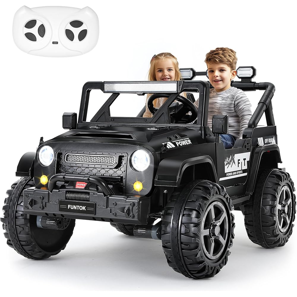 FUNTOK 24V Ride On Truck for Big Kids, 2 Seater Electric Car w/Remote Control, 4WD/2WD Switchable, 4x200W Motor, Truck Bed Storage, LED Headlights, Music Player, Bluetooth, Gifts for Boys Girls