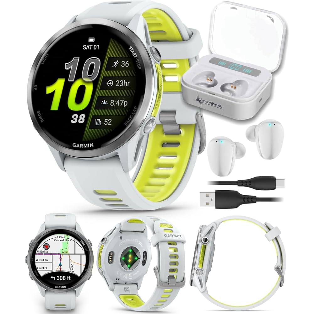 Wearable4U Garmin Forerunner 970 Titanium Smartwatch with Whitestone Case and Whitestone/Translucent Amp Yellow Band, AMOLED Display White Earbuds Bundle