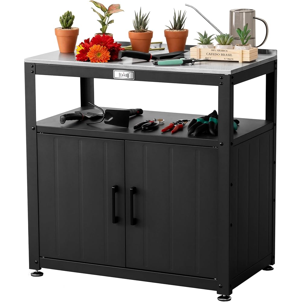 Feasto Garden Potting Bench with Storage Cabinet,Outdoor Gardening Table &amp; Work Bench for Plants, Horticulture,Outdoor Workstation with Stainless Steel Tabletop,Outdoor Work Table