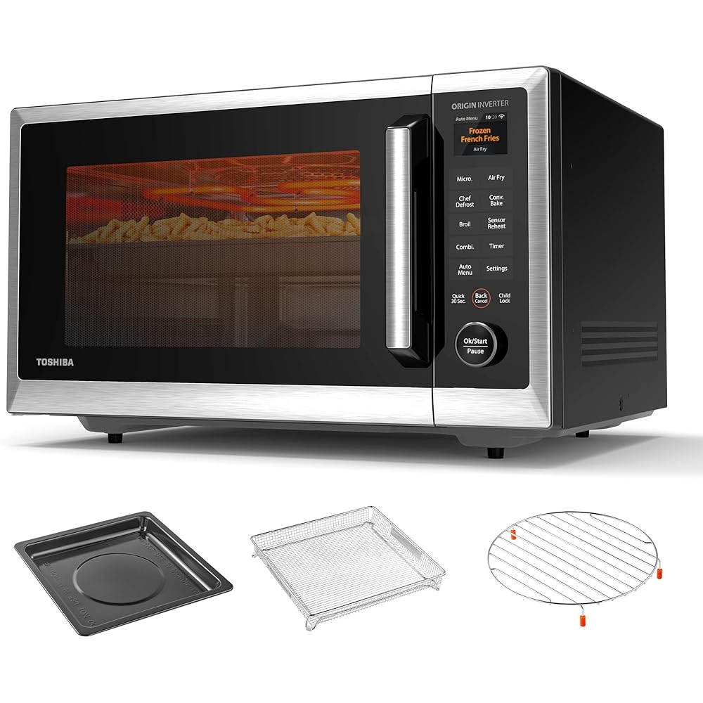 TOSHIBA P05 Combo Countertop Microwave Oven, with 2.4-Inch Color Screen, Origin Inverter Technology, Smart Sensor, Compatible with Alexa, 1100W, Air Fryer, 1.3 Cu.Ft, Silver