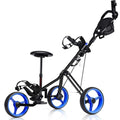 GRAFFY Golf Push Cart with Seat, 3 Wheel Golf Pull Cart with Height-Adjustable Handle, Lightweight Folding Golf Trolley with Scoreboard Bag Foot Brake, Cup &amp; Umbrella Holder (Navy)