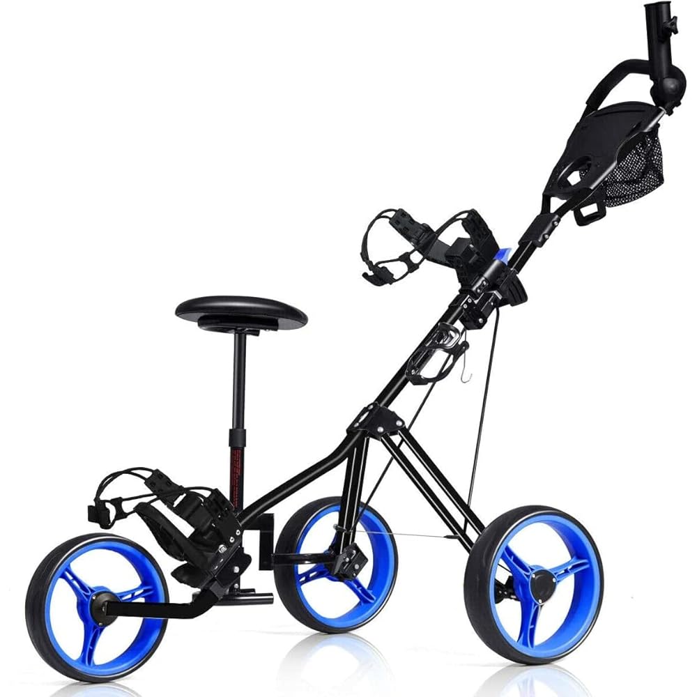 GRAFFY Golf Push Cart with Seat, 3 Wheel Golf Pull Cart with Height-Adjustable Handle, Lightweight Folding Golf Trolley with Scoreboard Bag Foot Brake, Cup &amp; Umbrella Holder (Navy)