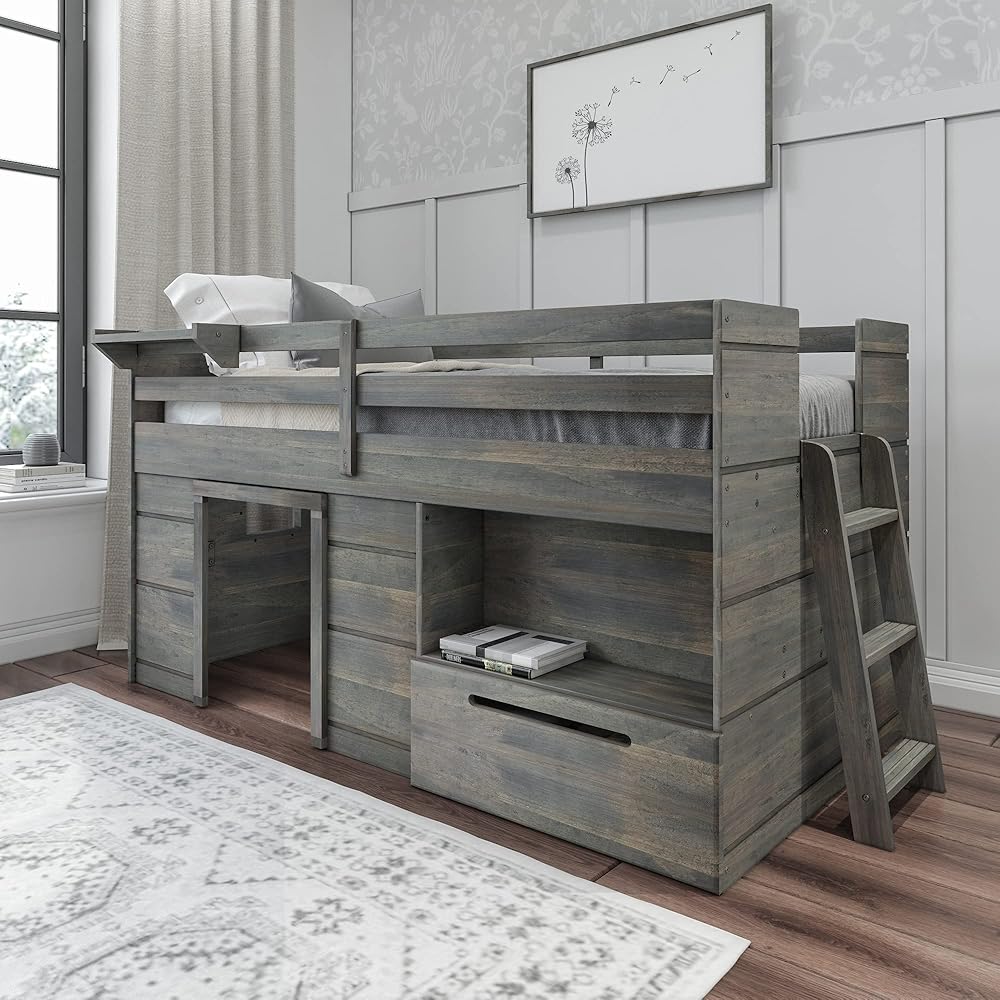 Max &amp; Lily Loft Bed Twin Size, Solid Wood Low Loft Bed with Storage Drawer and Ladder, Modern Farmhouse Loft Bed for Kids, Driftwood