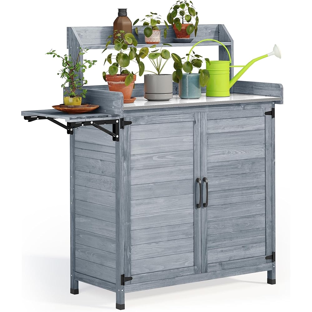 YITAHOME Solid Wood Potting Bench Table with Folding Pallet and Metal Tabletop, Outdoor Storage Cabinet Planting Table Garden Work Bench for Garden, Backyard, Grey