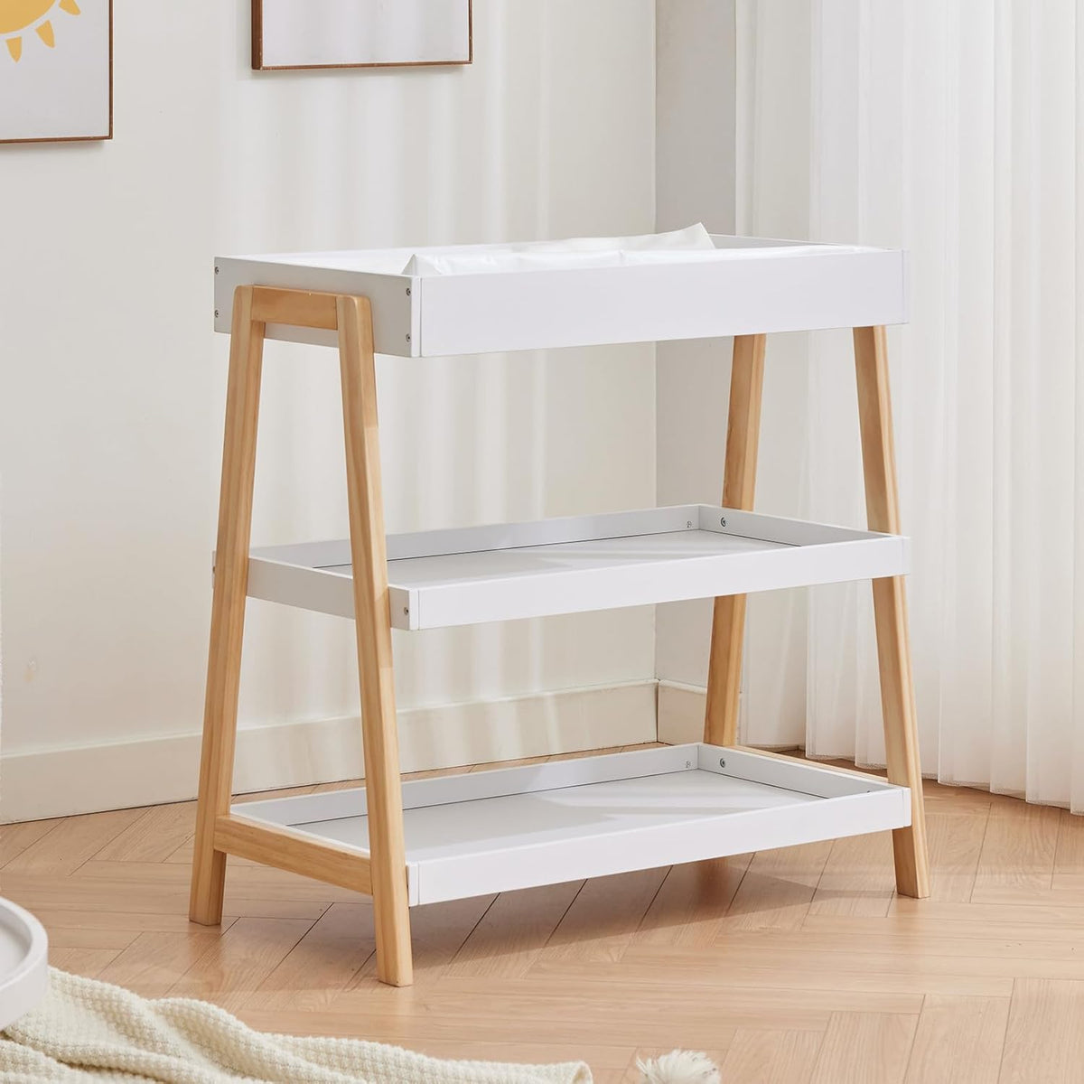 GarveeLife Baby Changing Table, Diaper Changing Table with Changing Pad, Portable Baby Diaper Changing Station with 2 Tier Storage Shelves for Newborn Baby and Infant, White