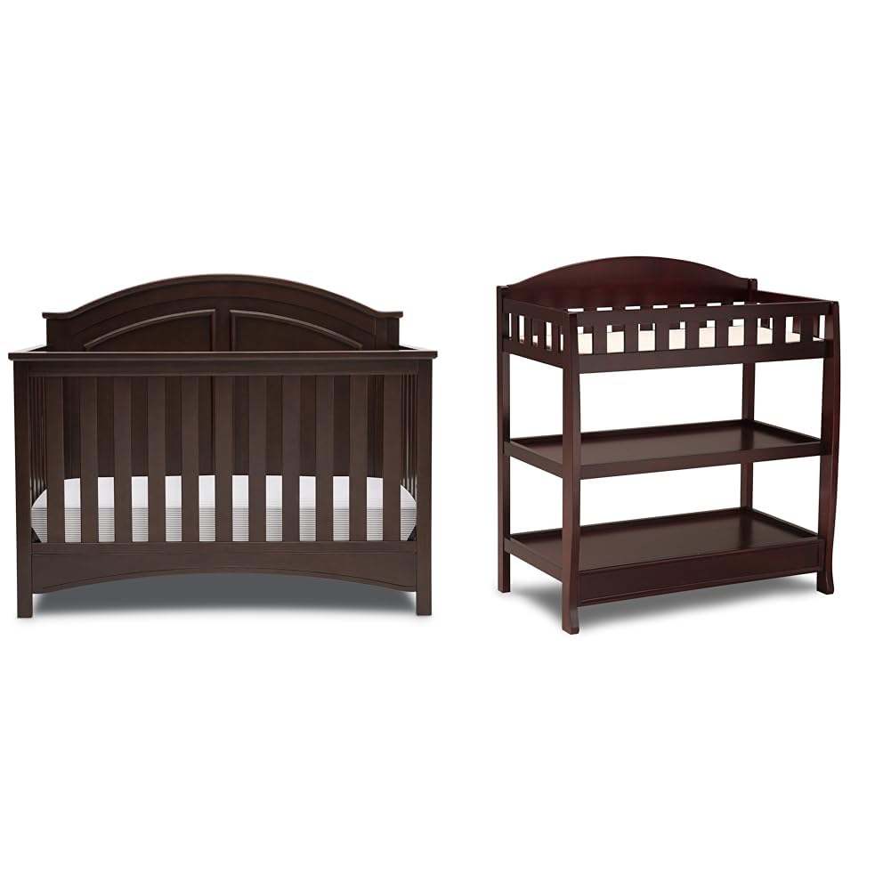 Delta Children Perry 6-in-1 Convertible Crib Greenguard Gold Certified, Walnut Espresso &amp; Infant Changing Table with Pad, Espresso Cherry