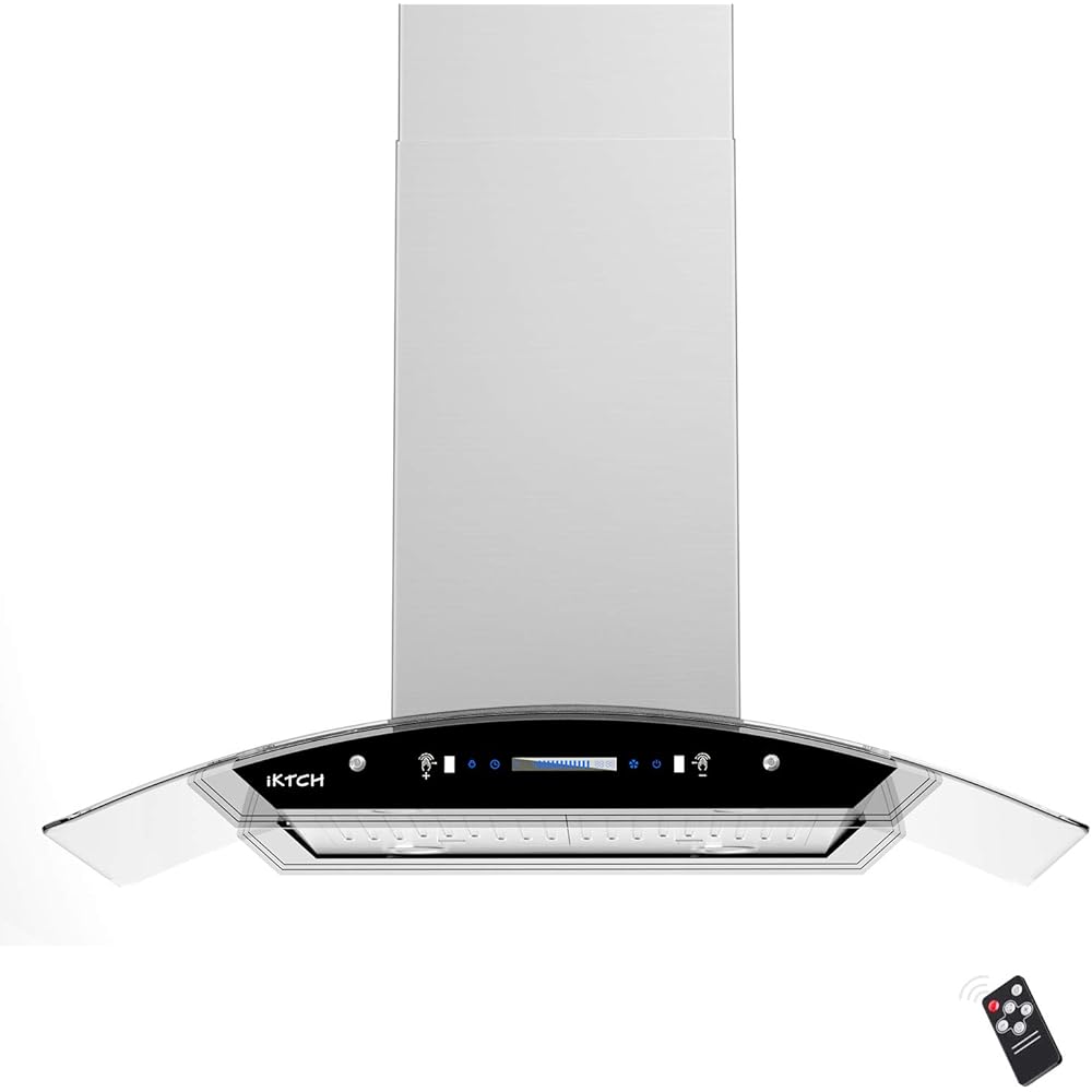 IKTCH Upgrated 30 inch Island Mount Range Hood, 900 CFM Ducted Range Hood with 4 Speed Fan, Stainless Steel&amp; Tempered Glass with Gesture Sensing&amp;Touch Control Making life Smarter IKIS01-30