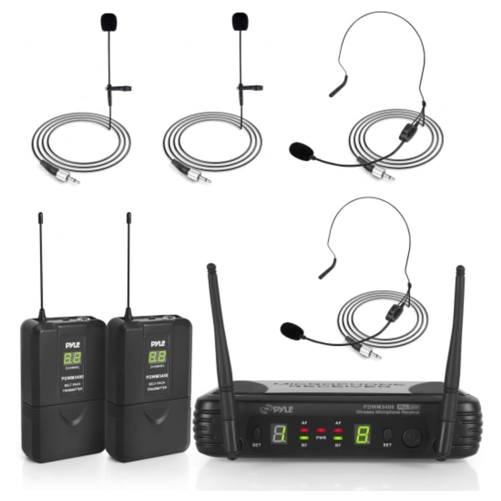 Pyle 2 Channel Wireless Microphone System Portable UHF Digital Audio Mic Set with 2 Headset, 2 Lavalier lapel, 2 Transmitter, ¼’’ cable, power adapter For Karaoke, PA, DJ, PDWM3400,Black