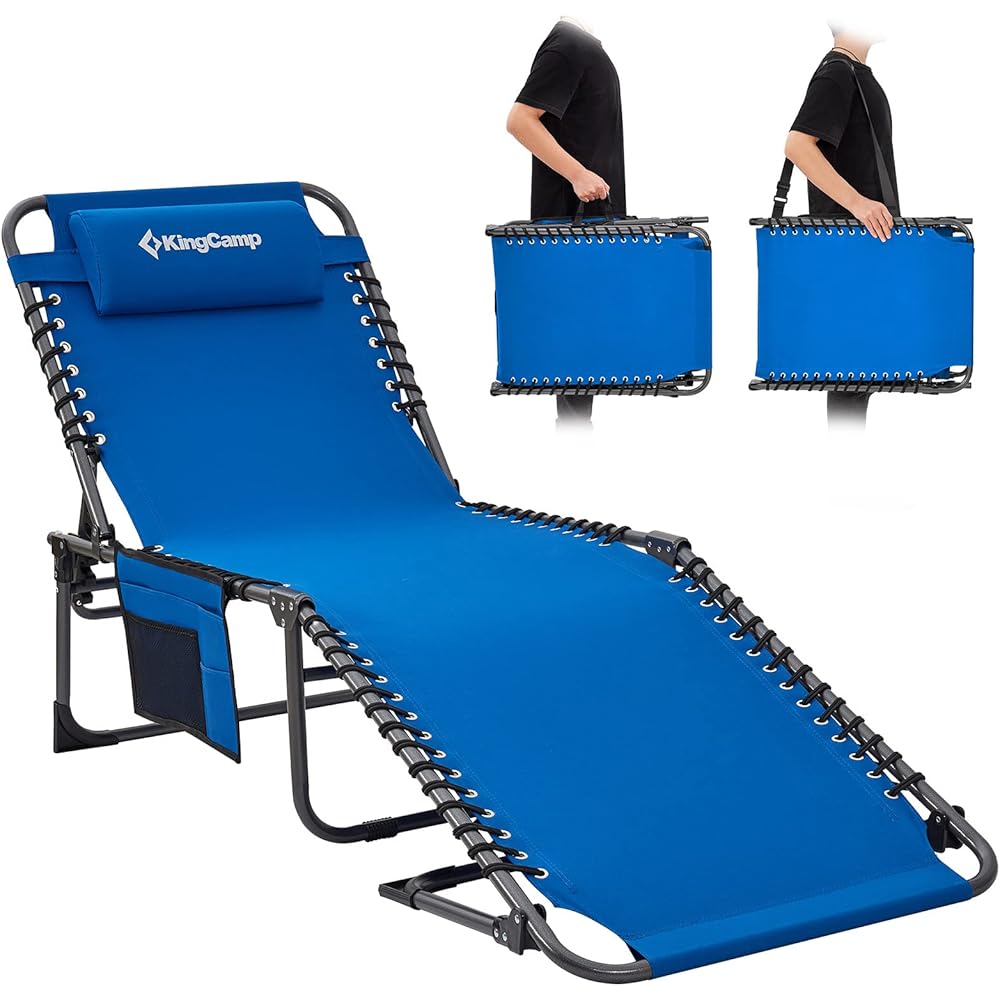 KingCamp Lounge Chair Outdoor, Folding Portable Tanning Chairs Comfy Adjustable 5-Position Lay Flat Foldable Chaise Chaser Lounger with Pillow for Outside Beach Patio Sun bathing Backyard Pool, Blue