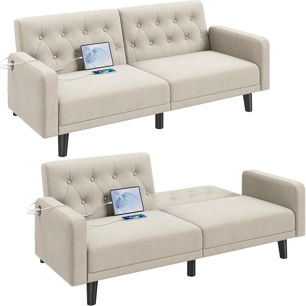 Yaheetech 63” Convertible Couch Sofa Bed with 2 USB, Reclining Futon Sleeper with Adjustable Backrest &amp; Removable Armrests, Mid Century Modern Loveseat for Living Room, Apartment, Office Beige