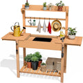 DWVO Outdoor Potting Bench Table with Sink &amp; Sliding Top, Wooden Garden Workbench with Storage Shelves, Hooks &amp; Solid Wood Frame for Patio, Porch, Balcony Use