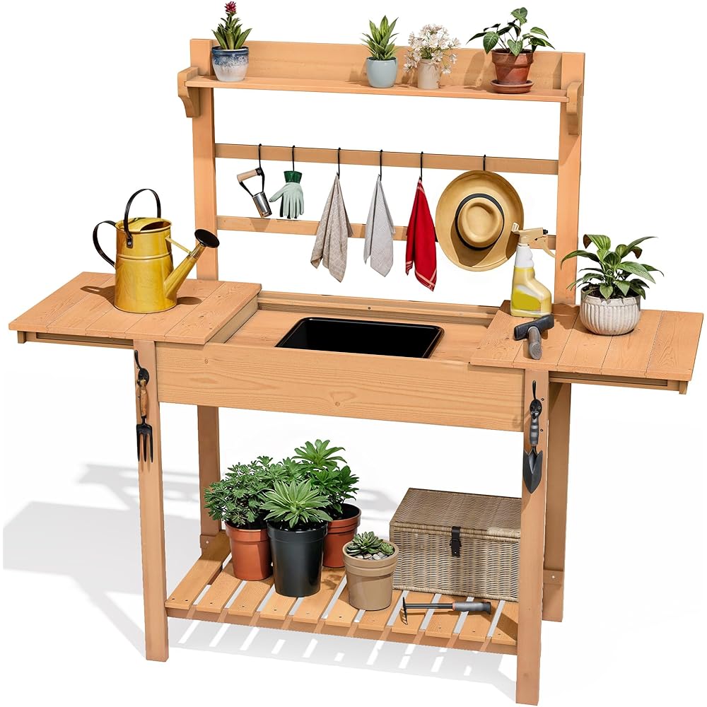 DWVO Outdoor Potting Bench Table with Sink &amp; Sliding Top, Wooden Garden Workbench with Storage Shelves, Hooks &amp; Solid Wood Frame for Patio, Porch, Balcony Use