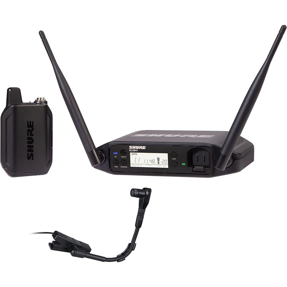 Shure GLXD14+/B98 Dual Band Digital Wireless Microphone System for Brass, Woodwinds, Percussion 12-Hour Battery Life, 100 ft Range | Clip-on Instrument Mic, Single Channel Receiver (GLXD14+/B98-Z3)