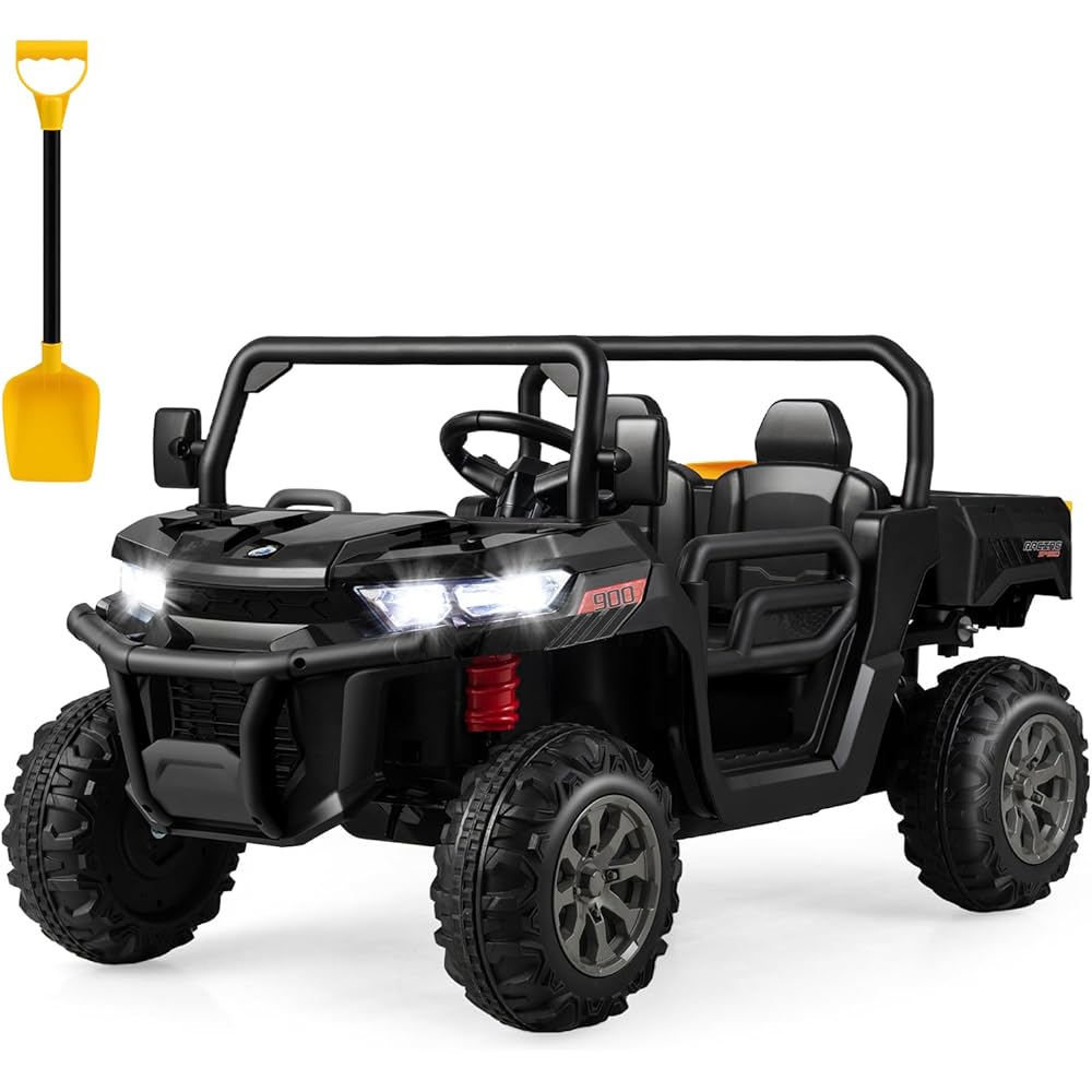 HONEY JOY 2 Seater Ride on Car, 12V Off-Road Electric Dump Truck w/Remote Control, Moving Dump Bed, Shovel, Music, Spring Suspension, Battery Powered Ride On UTV for Kids, Gift for Girls Boys (Black)