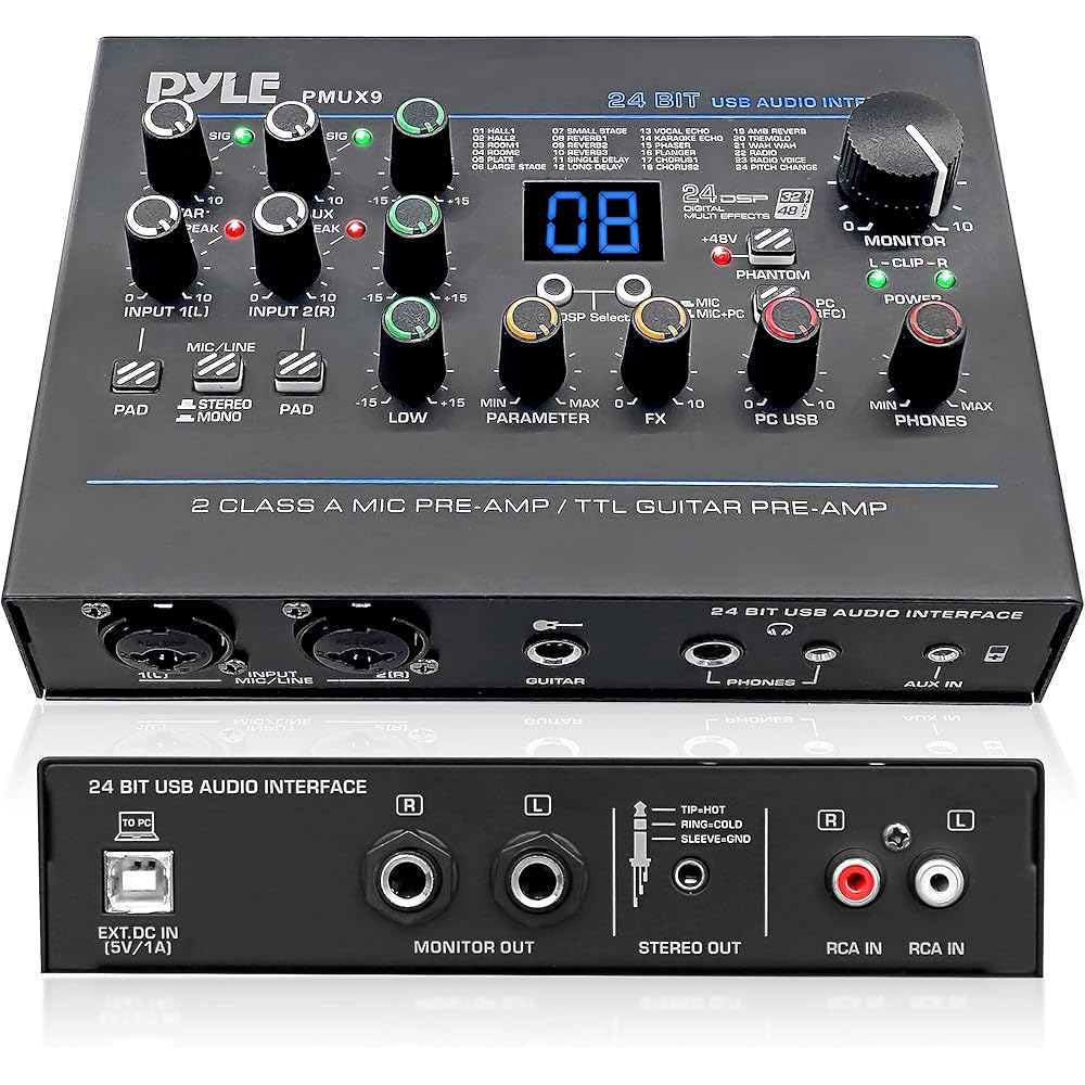 Pyle USB Audio Interface MIC/LINE Guitar AUX Stereo &amp; RCA Inputs Preset 24 Digital Effects Phantom Power Phone/Stereo/Monitor/Headphone Outputs For Computer Playing &amp; Recording PMUX9