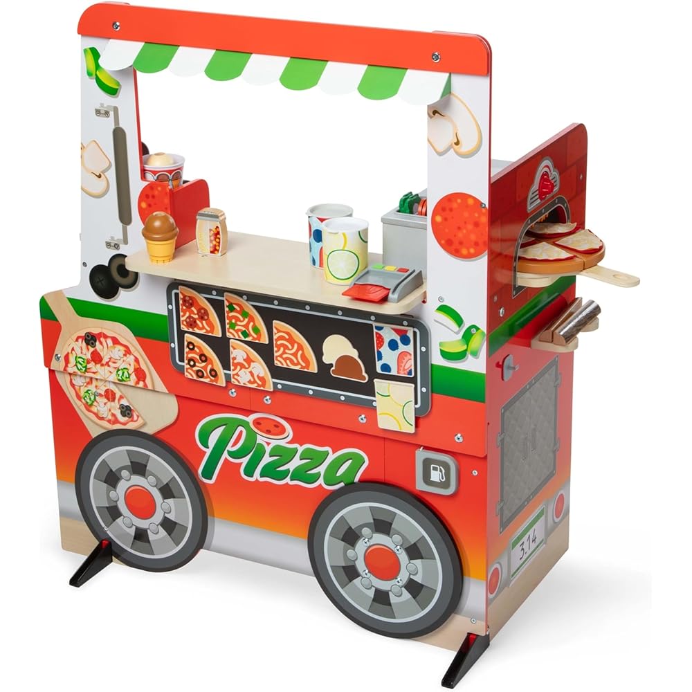 Melissa &amp; Doug Wooden Pizza Food Truck Activity Center with Play Food, for Boys and Girls 3+