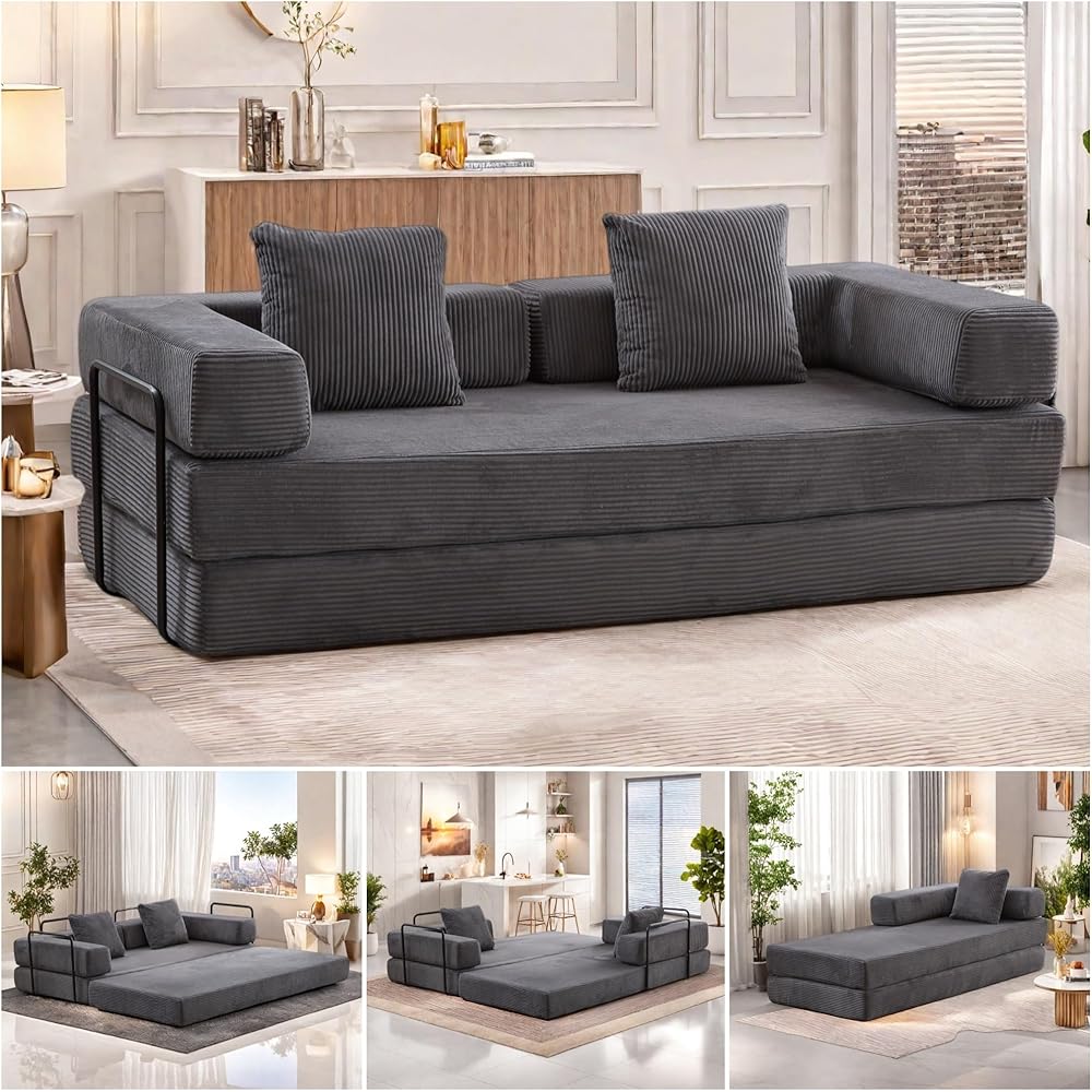 Trygoal Convertible Floor Sofa Bed, Foldable Mattress Cloud Couch with Pillow Back &amp; Armrest, Corduroy Sleeper Sofa Bed with Fixed-Shape Frame, Compressed Couch for Living Room Bedroom, Dark Gray