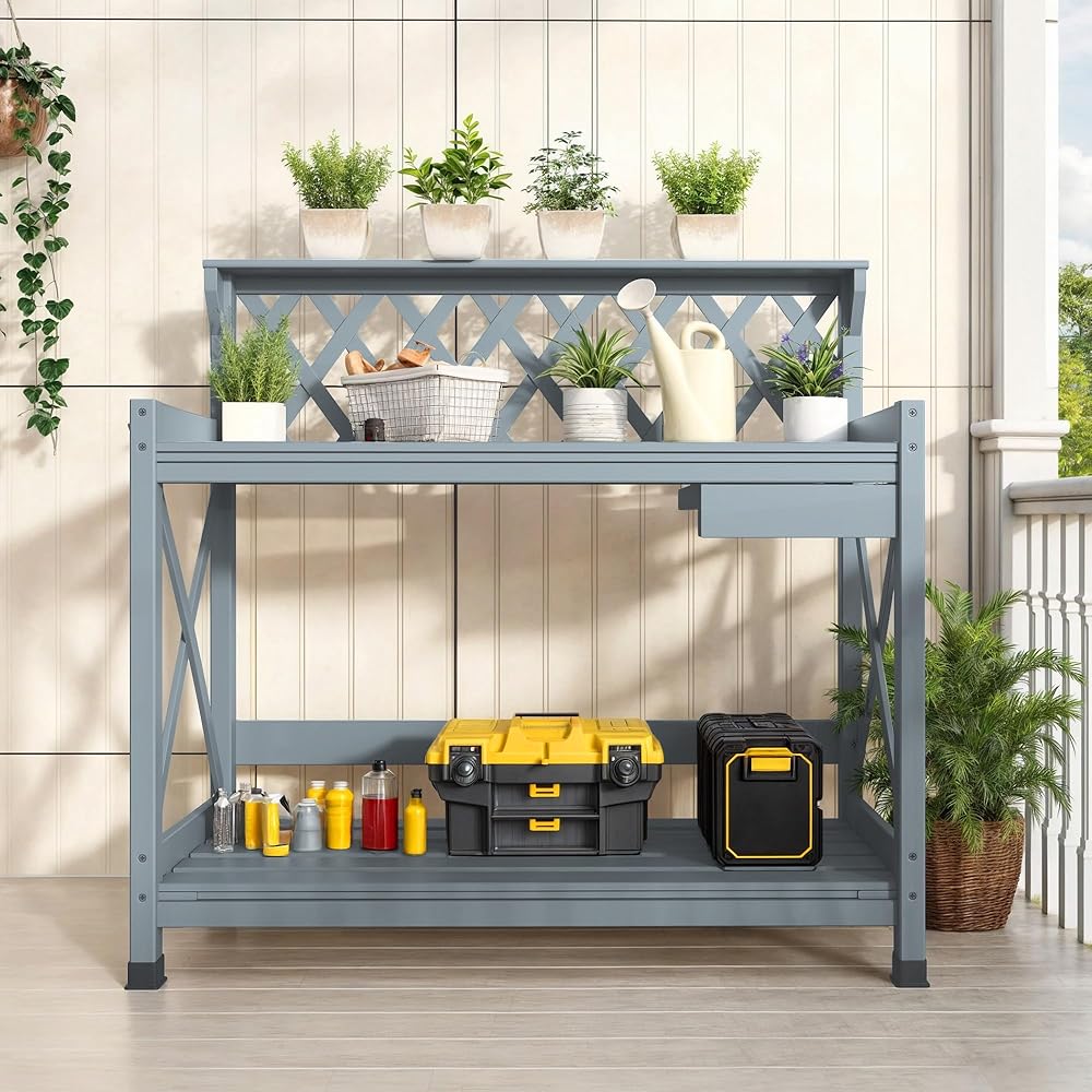 DWVO Outdoor Potting Bench w/Drawer, Gardening Table with Storage Shelf, Side Hooks &amp; Waterproof PVC Mat, Potting Benches for Outside, Backyard, Patio (Gray)