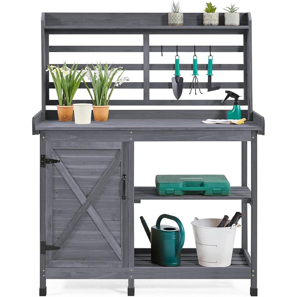 Yaheetech Outdoor Potting Bench, Large Horticulture Work Table Workstation with Storage Cabinet Shelf &amp; Planting Working Console for Patio/Lawn/Garden Gray