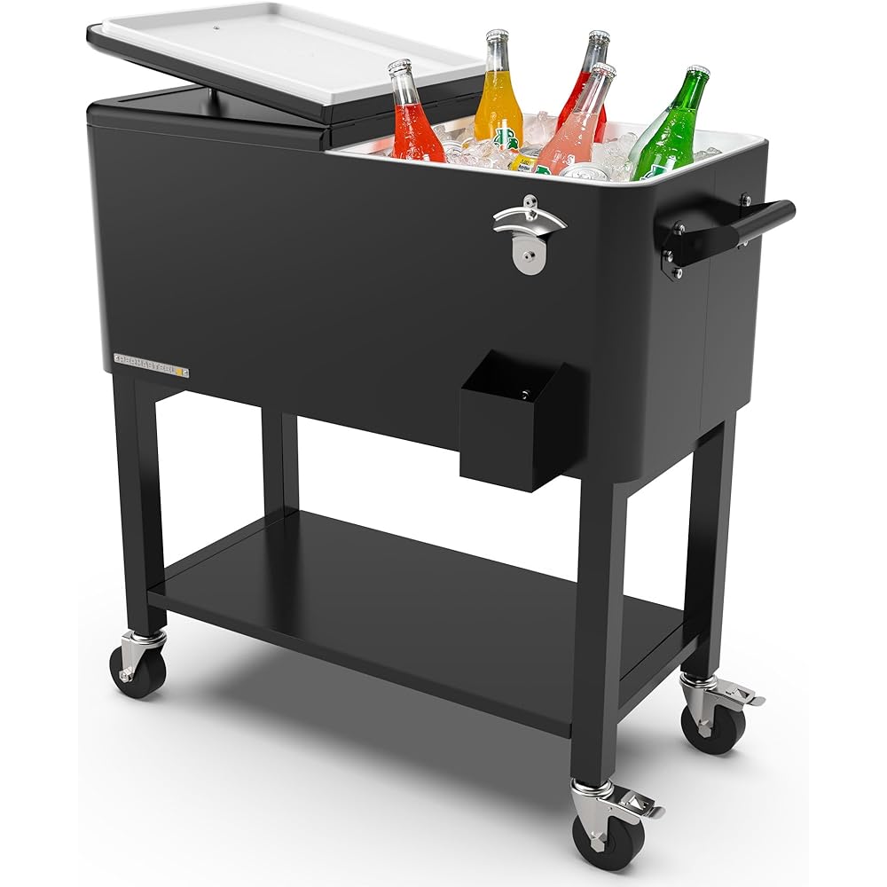 Permasteel Party Cooler with Divider, Removable Basin, Spacious 80-Qt Capacity, Chills 36hrs, Serving Tray, Rolling Ice Chest for Indoor &amp; Outdoor, Matte Black