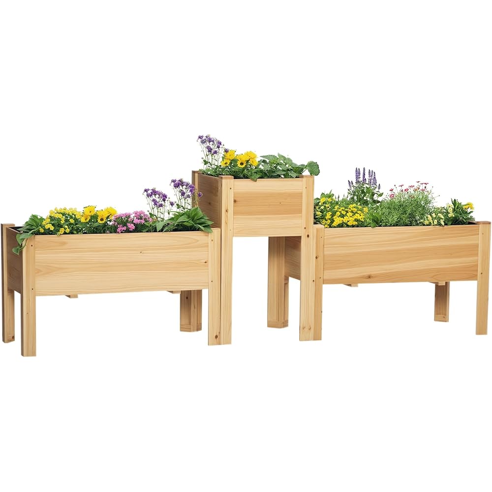 Outsunny Raised Garden Bed Set of 3, Wooden Elevated Planter Box with Legs and Bed Liner, for Backyard and Patio to Grow Vegetables, Herbs, and Flowers, Natural