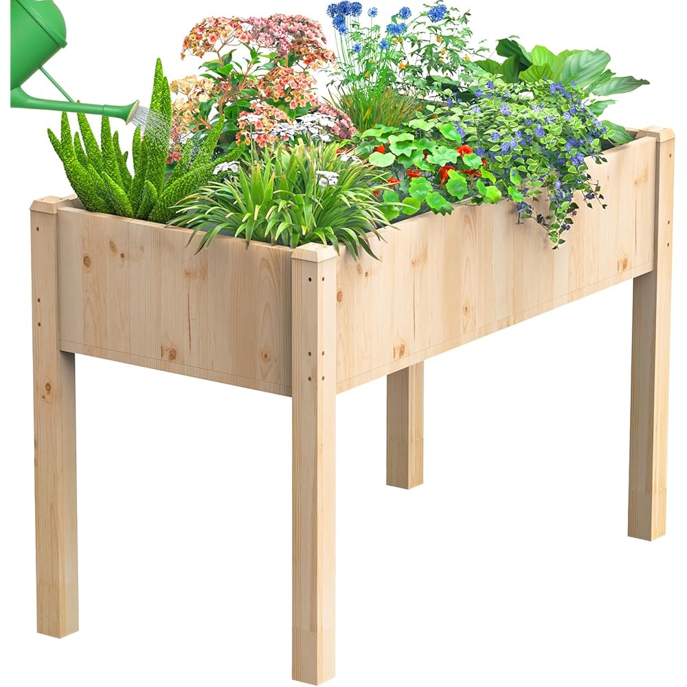 Sweetcrispy 48x 24x 30in Raised Garden Bed Natural Wood Elevated Planter Box with Non-Woven Liner, 300lb Capacity Perfect for Backyard, Patio, Balcony Gardening