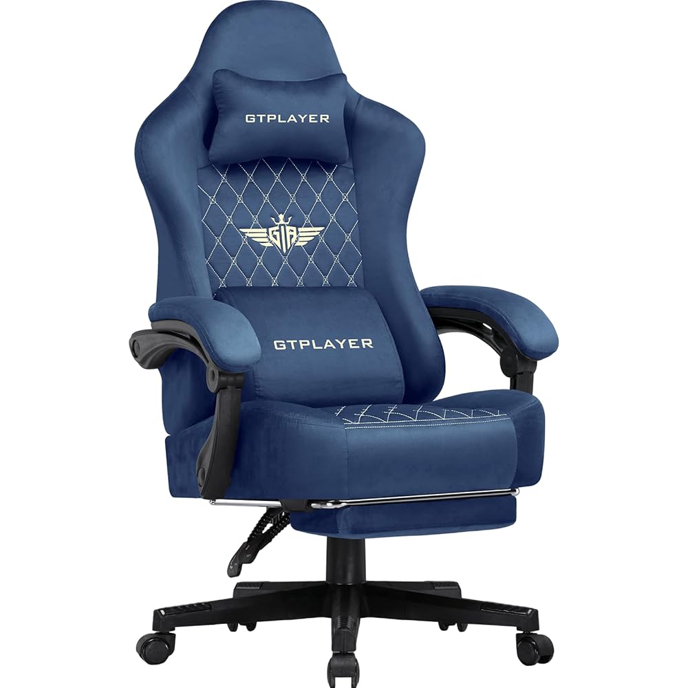 GTRACING Gaming Chair Fabric with Footrest, Big and Tall Game Chair High Back Computer Office Chair with Lumbar Support for Adults, Ergonomic Swivel Games Chair with Pocket Spring Cushion Gaming Blue
