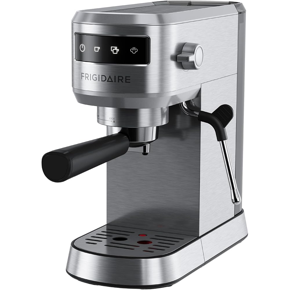 Frigidaire Steam Espresso Maker, Coffee Machine with Milk Frother &amp; Cup Warmer, 20 Bar Pressure, 34 oz Removable Water Tank, Single or Double Shot, Stainless Steel
