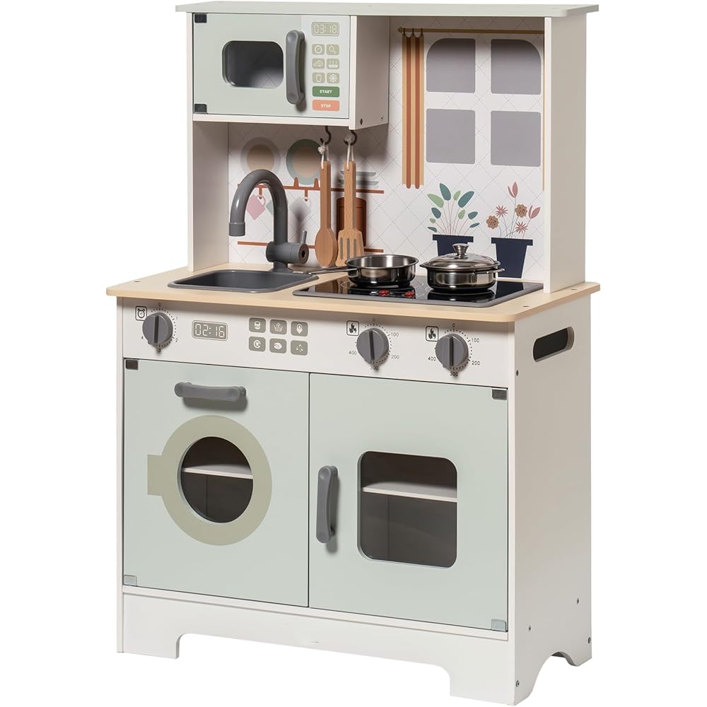 ROBOTIME Play Kitchen Set for Kids Toddlers, Wooden Kids Play Kitchen Playset with Real Lights &amp; Sounds, Pretend Toddler Kitchen Gift for Girls Boys Age 3+