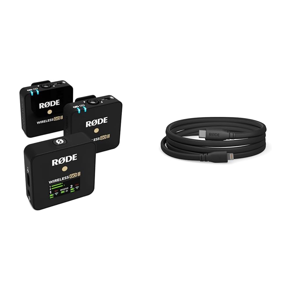 RØDE Wireless Go II Dual Channel Wireless System with Built-in Microphones with Analogue and Digital USB Outputs &amp; RØDE SC19 1.5m USB-C to Lightning Accessory Cable (SC-19)