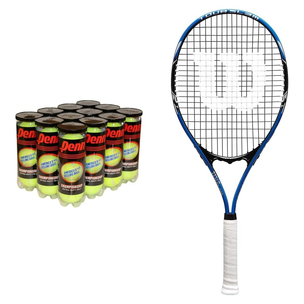 Penn Championship Tennis Balls Extra Duty Felt Pressurized Tennis Balls 12 Cans, 36 Balls &amp; Wilson Tour Slam Lite Adult Recreational Tennis Racket Grip Size 3-4 3/8", Blue/Black