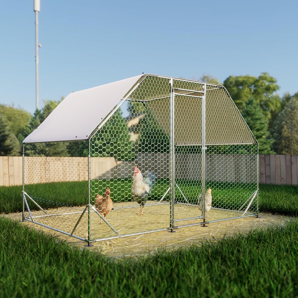 YOPTO Large Metal Chicken Coop, 9.94x6.46x6.36 ft Walk-in Chicken Runs for Yard with Waterproof Cover, Flat Shaped Chicken House with Door for Outdoor and Backyard, Farm, Duck Rabbit Cage