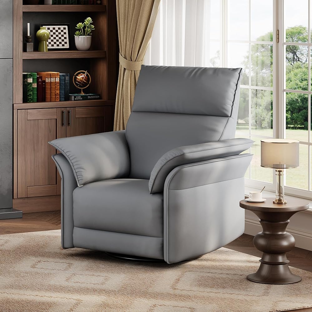 GarveeHome Power Recliner Chair Swivel Glider Upholstered Faux Leather Nursery Rocker Reclining Sofa Chair with Charging Port, Curved Armrests &amp; Padded Backrest (Gray)