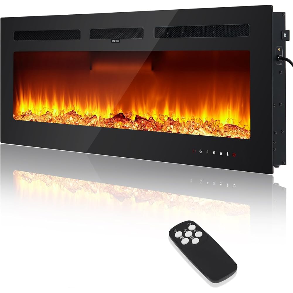 Electric Fireplace Heater 60" Wall Mounted &amp; Recessed, Remote Control, 120V/1500W Power, Adjustable Flame Colors, Timer Function, Log &amp; Crystal Set Options.