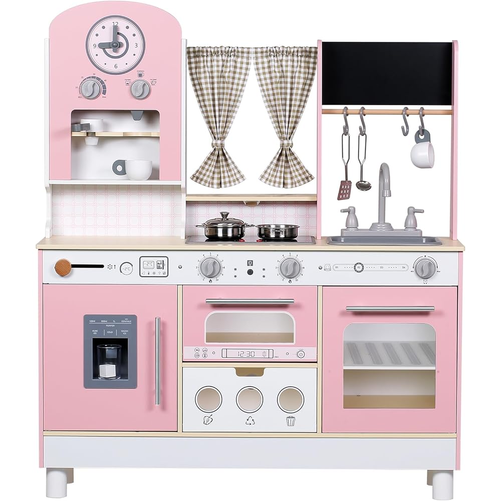 EDUBEBO Kids Kitchen playset, Wooden Play Kitchen, Height Adjustable, Comes with Various Kitchen Accessories, Ideal Role Play Toy Gift for Toddlers and Kids Ages 3-8 (Pink)