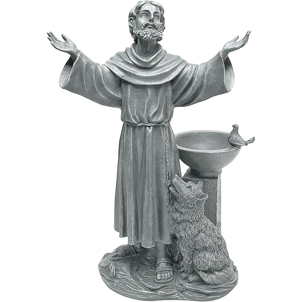 Design Toscano Francis of Assisi Blessing Religious Garden Decor Statue with Bird Bath Feeder, 19 inches Tall, Cast Stone Resin, Gray Stone Finish