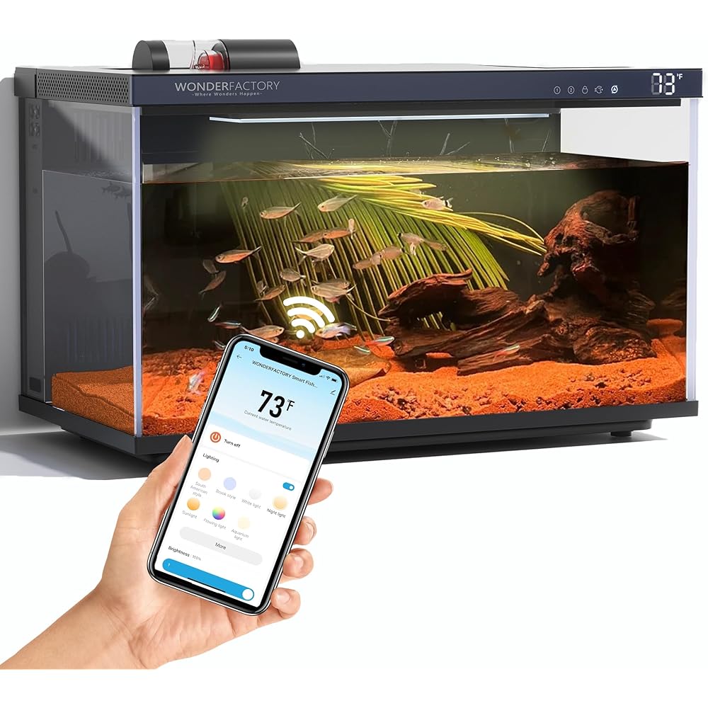 Smart Aquarium 5 Gallon Glass Fish Tank, Self Cleaning System Efficiency Filter 7 Color LED Lights Automatic Feeder Temperature Display Monitor HD UHA Glass Leak-Proof, Smart Control with Apps