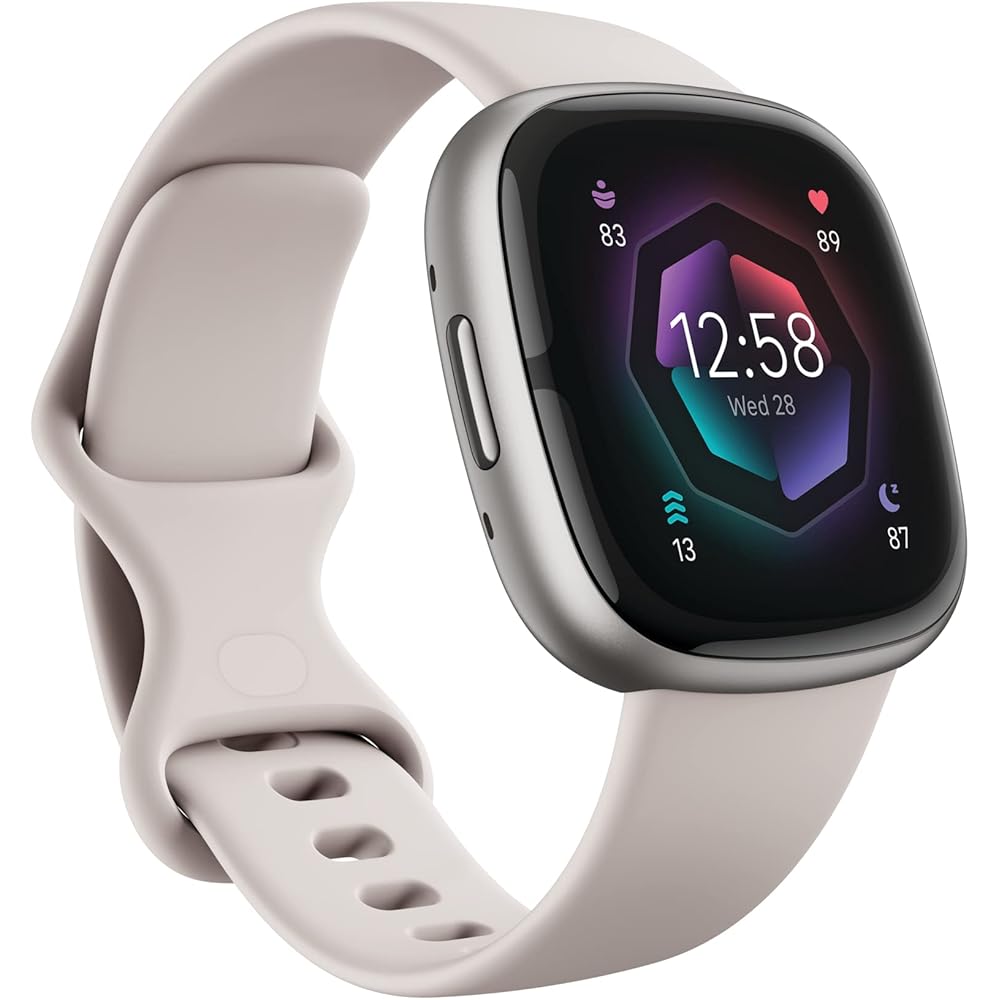 Fitbit Sense 2 Advanced Health and Fitness Smartwatch with Tools to Manage Stress and Sleep, ECG App, SpO2, 24/7 Heart Rate and GPS, Lunar White/Platinum, One Size (S &amp; L Bands Included)