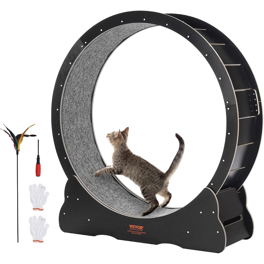 VEVOR Cat Exercise Wheel, 43.3" Large Treadmill for Indoor Cats, Running Wheel With Detachable Carpet &amp; Teaser for Running/Walking/Training, Suitable for Most Cats Black