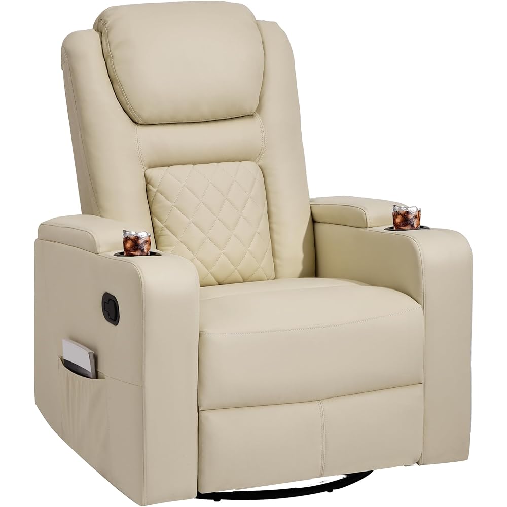 YITAHOME Swivel Rocking Recliner with Massage and Heat, Hidden Arm Storage, Faux Leather Rocker Recliner Chairs with Cup Holders, Comfy Home Theater Seating, Manual Recliner for Living Room, Beige2