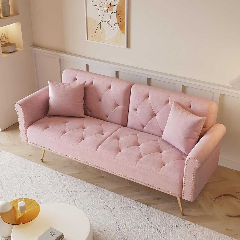 KEIKI 70" Folding Futon Sofa Couch w/Adjustable Backrest, Mid Century Modern Loveseat Convertible to Sleeper Bed, Small Comfy Velvet Cloud Couch SofaBed for Living Room &amp; Bedroom, 2 Pillows, Pink